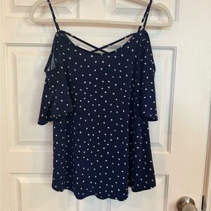 Kaileigh Navy and White Polka Dot Cold Shoulder Blouse